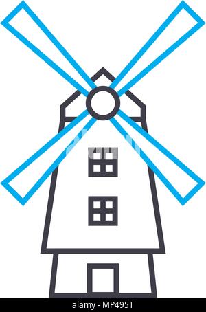 Il mulino a vento di icona lineare concetto. Il mulino a vento di vettore di linea di segno, simbolo, figura. Illustrazione Vettoriale