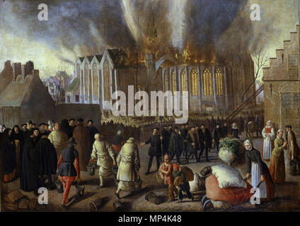 Nieuwkerk a Dordrecht sul fuoco in 1568 *olio su tela *96,5 x 133,5 cm *firmato b.: J D *firmato tergo: IAN DVDEYN A° 1568 *inscritto sul telaio: ' T È STATO OP DACH NA AGNIETEN DACH VAN DAR IAER STAAT HIER GESCHREVEN / UOMINI DE NIEUW- KERKCK VERBRANDEN SACH era 'T VIER GROOT SAER STIIF VERHEVEN . Inglese: Nieuwkerk a Dordrecht sul fuoco in 1568 olio su tela 96,5 x 133,5 cm firmato b.: J D firmato tergo: IAN DVDEYN A° 1568 inscritto sul telaio: ' T È STATO OP DACH NA AGNIETEN DACH VAN DAR IAER STAAT HIER GESCHREVEN / UOMINI DE NIEUW- KERKCK VERBRANDEN SACH era 'T VIER GROOT SAER STIIF VERHEVEN . 156 Foto Stock