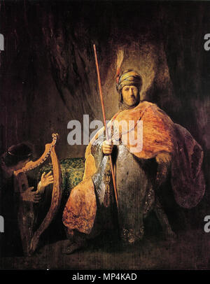 David suona l'arpa per Saul *olio su pannello *62 x 50 cm *ca. 1630 Davide arpa speelt voor Saul 1097 Saul e David rembrandt Foto Stock