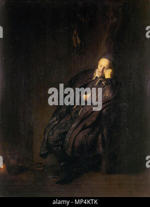 Il vecchio uomo addormentato in un incendio *olio su pannello *51,9 × 40,8 cm *inscritto b.r.: PL. [..]29 vecchio uomo addormentato in un incendio 1052 Rembrandt van Rijn, Een oude uomo slapend bij het vuur, mogelijk 'De Luiheid', 1629, Galleria Sabauda, Torino Foto Stock