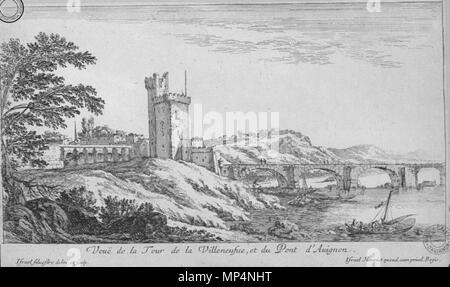 Veuë de la Tour de la Villeneufve (o Villeneusue?), et du Pont d'Avignon . Inglese: Il Tour Philippe-le-Bel e il Pont Saint-Bénezet a Villeneuve-lès Avignon . non datato. c. 1660. 1121 Silvestre 1660 Tour Phillipe-le-Bel Foto Stock