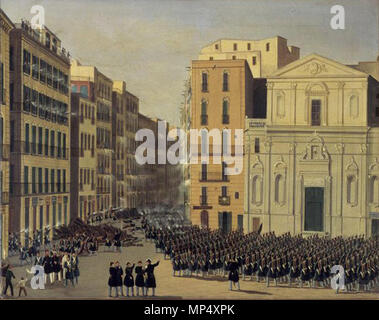 . Deutsch: Strassenkampf des 4. Schweizerregiments in Neapel, 15. Mai 1848. Links Angriff auf die Barrikade Am Anfang der Via Toledo (heute Via Roma). Rechts Die Fassade der Kirche San Ferdinando. Öl auf Leinwand; 50,3 x 63,6 cm Schweizerisches Nationalmuseum, Zurigo, LM-3525 . Il 15 maggio 1848. Anonimo 1147 Strassenkampf in Neapel 1848 Foto Stock