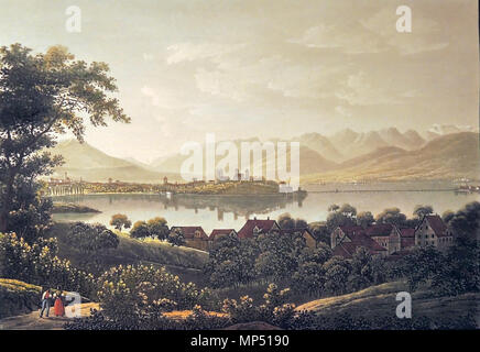 . Deutsch: Das 2010/2012 runderneuerte Stadtmuseum in Rapperswil (SG) und seine Sammlung: Rapperschweil au lac de Zurich, Nordostansicht mit Blick von Feldbach, vermutlich nach einer Aquatinta von David Alois Schmid um 1830, kolorierte Aquatinta von 1840, Jakob Suter (1805-1874), Verlag Henry Fuessly Co.,Zurigo. Inglese: Raccolta di Stadtmuseum in Rapperswil (Svizzera) . Il 5 ottobre 2013. 1043 Rapperschweil au lac de Zurich, Nordostansicht mit Blick von Feldbach, kolorierte Aquatinta, 1840 Jakob Suter - Stadtmuseum Rapperswil - 'Stadt in Sicht - Rapperswil in Bildern' 2013-10-05 16- Foto Stock