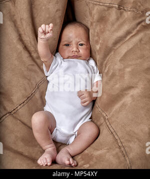 A tre settimane vecchio baby boy guardando la telecamera con il suo braccio sollevato Foto Stock