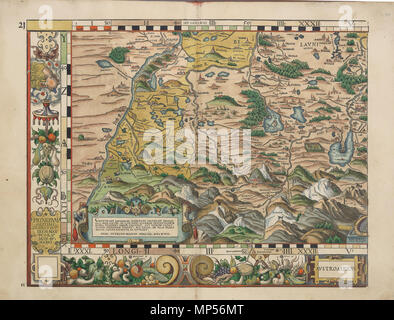 . Deutsch: Philipp Apian - Bairische Landtafeln von 1568 (Tafel 21) ca. 1:140.000, Gesamtgröße des originali 156 x 159 cm, je Blatt 43 x 33 cm Auf der base der "Großen Karte" ließ Philipp Apian 1566 von Jost Amman Holzschnitte im kleineren Maßstab von 1:144.000 anfertigen. Diese così genannten Bairischen Landtafeln, aufgeteilt in 24 Holzschnitte, verlegte Apian a circuizione eigenen Druckerei. Die Genauigkeit der Landkarten wurde erst im 19. Jahrhundert übertroffen. Noch Napoleone benutzte sie für den Einmarsch in Bayern. Ein Originaldruck der Karte ist im Stadtmuseum Ingolstadt ausgestellt, die Dru Foto Stock