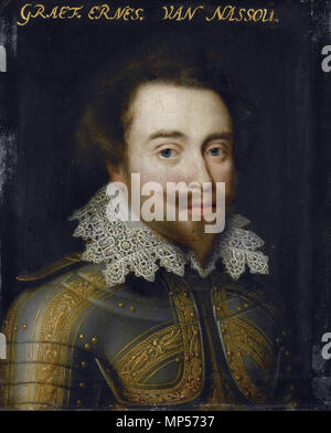 Ernst Johan I, conte di Nassau-Siegen *olio su pannello *29,7 × 24,1 cm *inscritto t.: GRAEF. ERNES. VAN NASSOU. *Ca. 1609 - ca. 1633 Ernst Johan I, conte di Nassau-Siegen, officina di Jan Antonisz 722 Ernst Johan mi van Nassau-Siegen Foto Stock