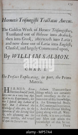 Pagina titolo, Hermetis Trismegisti Tractatus Aureus. Inglese: Titolo pagina, Hermetis Trismegisti Tractatus Aureus. Il Golden opera di Hermes Trismegistus, tradotto fuori di ebraico in Arabick, poi in greco, successivamente in latino; e ora fatto fuori del latino in inglese, Claused e ampiamente commentati, da William il salmone. Dal libro II, Clavis Alchymiae di Medicina practica, o, pratico physick : annunziando il metodo di reticolazione della maggior parte delle malattie usuale che sta succedendo a corpi umani. Come tutti i tipi di dolori e sofferenze, apoplexies, agues, spurgo, flussi, gripings, vento, mancanza di respiro, malattie o Foto Stock