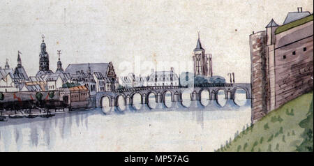 . Inglese: vista del fiume Meuse a Maastricht, Olanda, da Philippus van Gulpen, c 1840. A sinistra: la torre del municipio. In centro: San Servatius bridge. Al di sopra del ponte: la parzialmente in rovina chiesa medioevale del Monastero Antonite. A sinistra: la parete della città di Wyck. 18 febbraio 2014, 23:03:06. Philippus van Gulpen (1792-1862) 1224 Van Gulpen, Antonietenkerk2 Foto Stock