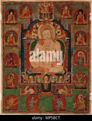 X-default . Inglese: Ritratto di Jnanatapa circondato da lama e mahasiddhas. Tibet orientale, Kham, Riwoche monastero. Tempera su tela, 27 x 21 1/2 in. (68,6 x 54,6 cm). Che circondano la figura centrale sono i progenitori e degli abati del Monastero di Taklung, di cui Riwoche era una propaggine. Le due ultime figure storiche, seconda dalla parte superiore su entrambi i lati e identificati mediante iscrizione, sono (sinistra) Onpo Lama Rinpoce (1251-1296), che brevemente servito come l abate di Taklung ed è stato il fondatore di Riwoche, e (a destra) il suo giovane discepolo, Choku Orgyan Gonpo (1293-1366), che divenne il secondo abbo Foto Stock