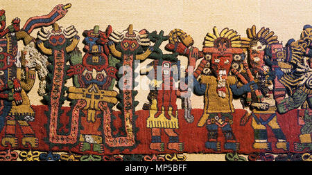 . Dettaglio delle figure di confine composito (foto), Nasca, mantello ("Paracas materie tessili "), 100-300 C.E., cotone, fibra camelid, 58-1/4 x 24-1/2 pollici / 148 x 62,2 cm, che si trovano a sud della costa, Paracas, Perù (Brooklyn Museum) . Tessile: circa AD 100 a AD 300. photograoher Sconosciuto Sconosciuto tessitori Nazca 920 Nazca tessile di cucito Foto Stock