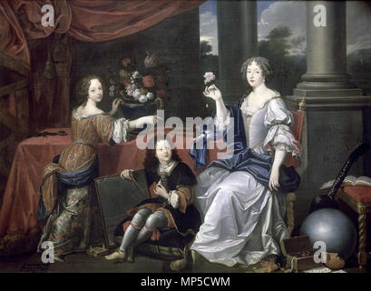 . Inglese: Ritratto di Louise de La Vallière, uno di Louis XIV's mistresses, con i suoi figli dal re (Marie Anne e Louis, Conte di Vermandois). Français : Portrait de la duchesse de La Vallière et de ses enfants Mademoiselle de Blois et le Comte de Vermandois (?) . Il XVII secolo. 825 Louise de la Valliere Foto Stock