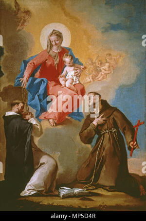 Inglese: Rosario Madre di Dio con i Santi Domenico e Francesco di Assisi Slovenščina: Rožnovenska Mati Božja s sv. Dominikom in sv. Frančiškom Asiškim prima metà del XVIII secolo. 925 Nicola Grassi - Rosario Madre di Dio con i Santi Domenico e Francesco di Assisi - WGA10381 Foto Stock