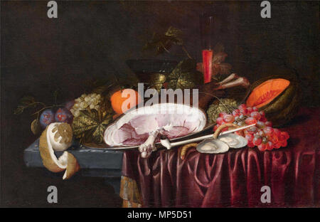 Natura morta con prosciutto, ostriche e frutti di una tabella tra 1650 e 1665. 700 Jan Pauwel Gillemans (MI) - ancora in vita con un prosciutto, ostriche e frutti di una tabella Foto Stock