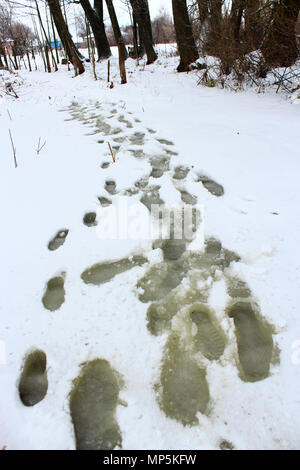 Tracce di scarpe sulla neve durante il disgelo. Orme sul fiume di ghiaccio. Avvicinamento della molla. Il battistrada della calzatura protettore. Sfondo Inverno Foto Stock