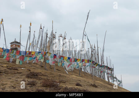 Bandiere di preghiera su di una remota mountain summit, visto durante le escursioni su Bumdra trek vicino a paro, Bhutan Foto Stock