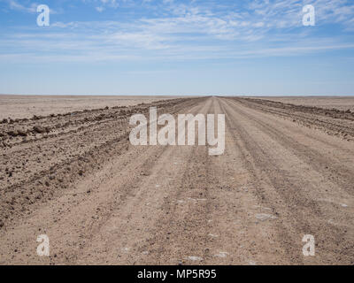 Vuoto senza fine strada sterrata nel deserto del Namib di Namib-Naukluft National Park, Namibia, Africa Foto Stock