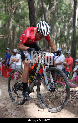 GOLD COAST, Australia - 12 aprile: Dylan KERFOOT-ROBSON durante l'uomo Cross Country Mountain Bike il 12 aprile 2018 Foto Stock