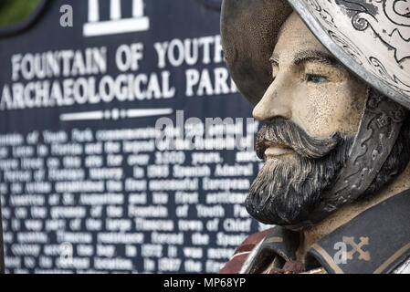 Marcatore storico a Ponce de Leon la fontana della giovinezza del Parco Archeologico di Sant'Agostino, Florida, Stati Uniti d'America. Foto Stock