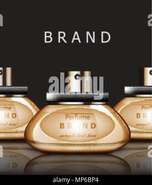 Golden profumo vettore realistico di imballaggio. Prodotti label design mock up Illustrazione Vettoriale