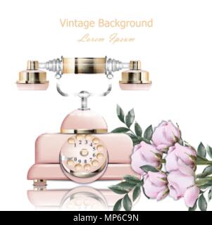 Vintage Telefono Rosa vettore. Illustrazione rétro in stile realistico Illustrazione Vettoriale