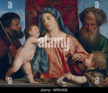 Madonna delle ciliege *olio su pannello *81 x 100 cm *circa 1515 Madonna delle ciliege circa 1515. 1195 Tiziano - Madonna delle ciliegie - WGA22746 Foto Stock