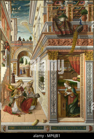 Inglese: l'Annunciazione, con sant Emidio 1486. 1168 L'Annunciazione, con sant Emidio - Carlo Crivelli - Galleria Nazionale Foto Stock