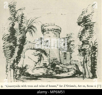 . Inglese: scenografia di Filippo Juvarra (1678-1736) per l'Orlando, atto III, 6 campagna con alberi e ruderi di case (titolo originale) eventualmente per l'opera di Domenico Scarlatti L'Orlando, overo la gelosa Pazzia", dramma per musica su libretto di Carlo Sigismondo Capece dopo Ludovico Ariosto (eseguito per la prima volta nel 1711 a Roma) . 1711. Filippo Juvarra (1678-1736) 781 L'Orlando Atto III,6 (poss. di Domenico Scarlatti) stadio design by Filippo Juvarra Foto Stock