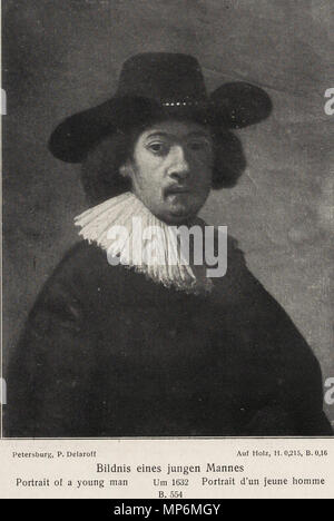 Inglese: Ritratto di una giovane (copia del 1632 autoritratto con mano nella camicia) 1632. 1049 Rembrandt - Ritratto di un uomo con una tesa larga Hat e soft-collare pieghettato Foto Stock