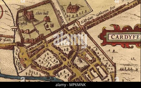 . Inglese: immagine ritagliata di Giovanni velocità Mappa di Cardiff, Galles (1610) . 1610. Velocità di John 735 Giovanni velocità Mappa di Cardiff, Galles (Municipio) Foto Stock