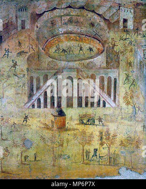 . Italiano: il Museo Archeologico Nazionale di Napoli (inv. nr. 112222). Da Pompei, Casa della Rissa nell'Anfiteatro (I, 3, 23) - L'affresco (particolare: Anfiteatro di Pompei), famosissimo, è uno dei pochi che mostra un'ambientazione ed un episodio realistici. E' ritratto fedelmente l'Anfiteatro di Pompei, con le mura della città alle sue spalle e la grande palestra con piscina centrale alla sua destra. L'episodio ritratto è quello della rissa scoppiata fra Pompeiani e Nucerini nell'anno 59 d.C. in cui ci furono numerosi morti, tanto da indurre il senato romano a proibire nell'anfiteatro di POM Foto Stock