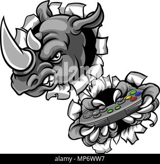Rhino Gamer Holding giochi mascotte del Controller Illustrazione Vettoriale