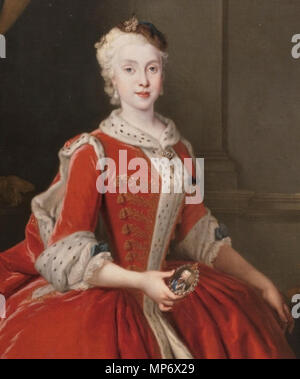 Inglese: ritratto della Principessa Maria Amalia di Sassonia in costume polacco, dettaglio. Español: Princesa María Amalia de Sajonia en traje polaco, detalle. Italiano: Ritratto di Maria Amalia di Sassonia, particolare. 1738. 1064 Ritratto di Maria Amalia di Sassonia - Madrid, Museo del Prado Foto Stock