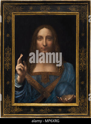 803 Leonardo da Vinci, Salvator Mundi, c.1500, olio su legno di noce, 45,4 × 65,6 cm (incorniciato) Foto Stock