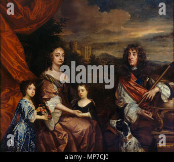 . Inglese: la famiglia di James, il Duca di York. Il Duca (più tardi re Giacomo II e VII) e la duchessa di York (precedentemente Anne Hyde) sono state dipinte da Peter Lely tra 1668 e 1670. Le due figlie di Maria (sinistra) e Anne (destra), poi Queen Mary II e Queen Anne, furono aggiunti da Benedetto Gennari nel o dopo il 1680. Il Castello di Windsor è in background. circa 1668-85. Peter Lely (1618-1680) nomi alternativi Sir Peter Lely Pietro Lelio, Peter Lilley, Peter Lilly, Peter Lylly, Pieter Lelij, nascita Nome: Pieter van der Faes Descrizione Il pittore inglese e collezionista d'arte Data di nascita e morte Foto Stock