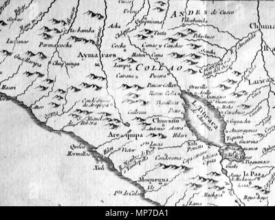 . Porzione di calcografia Mappa di Perù intitolata 'Suite du Perou, Udienza de Charcas' pubblicato da Jacques Nicolas Bellin a Parigi nel 1758. 1758. Jacques Nicolas Bellin 789 Lake-Titicaca-Jacques-Nicolas-Bellin-1758 Foto Stock