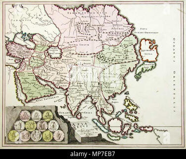 . Inglese: "Vecchi Asia' (Asia Vetus) da Christoph Weigel, Norimberga, 1719. 1719 Mappa di Asia con placenames tolemaico. Incisione su rame, con le raffigurazioni delle dodici monete antiche nell'angolo in basso a sinistra. 1719. Christoph Weigel il Vecchio (1654-1725) nomi alternativi Christoph Weigel der Ältere Descrizione incisore tedesco e publisher e Data di nascita e morte 9 Novembre 1654 5 febbraio 1725 Luogo di nascita e morte di Norimberga Marktredwitz posizione di lavoro autorità di Norimberga controllo : Q100116 VIAF: 12366914 ISNI: 0000 0001 0870 4350 ULAN: 500043269 LCCN: n2008066461 NLA: 36586258 WorldCat 673 Foto Stock