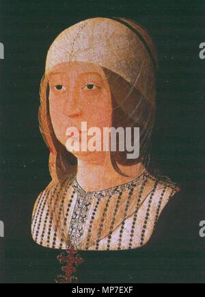 Isabel la Católica. Español: Este retrato de la Reina Isabel la Católica (1451-1504), fue pintado a principios del siglo XVI por Juan de Flandes. En el año 2012, según consta en onu artículo aparecido en el Diario de Burgos, quedó confirmado plenamente que esta obra, que al principio estuvo ubicada en la Cartuja de Miraflores, situada cerca de la ciudad de Burgos, fue pintada por Juan de Flandes. Inglese: ritratto della regina Isabella I di Castiglia (1451-1504), da Juan de Flandes. . Circa 1500-1504. 675 IsabellaofCastile04 Foto Stock