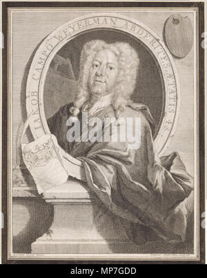 . Inglese: Ritratto di pittore olandese e scrittore Giacobbe Campo Weyerman da Jacobus Houbraken . 1725. Jacobus Houbraken incisore, Cornelis Troost pittore 681 Giacobbe Campo Weyerman da Jacobus Houbraken Foto Stock