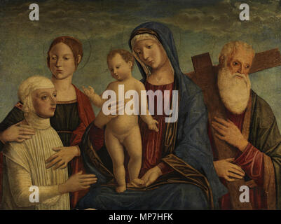 . Madonna mit dem tipo, zwei Heiligen und einer Stifterfigur. Öl auf Pappelholz. 46 x 60 cm . Xv secolo. Modo di Jacopo Bellini (1396-1470) Descrizione pittore italiano Data di nascita e morte circa 1400 1470 Luogo di nascita e morte Venezia Venezia sede di lavoro Firenze; Verona (1436); Ferrara (1441); a Padova (1460); Venezia (1428 - 1466) Autorità di controllo : Q313310 VIAF: 54420149 ISNI: 0000 0000 8133 5240 LCCN: N84038157 NLA: 35249013 WGA: Bellini, Jacopo WorldCat 686 Jacopo Bellini (modo di) Madonna con Bambino e santi Foto Stock