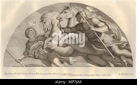 . Inglese: Heroicae virtutis immagina (immagini di gesti eroici); stampa realizzato da: Jacques Blondau dopo: Pietro da Cortona, pubblicato da: Giovanni Giacomo de' Rossi, data c. 1677, pubblicato in Roma, incisione incisione , altezza: 189 mm, larghezza: 334 millimetri (piastra), Altezza: 364 mm, larghezza: 480 millimetri (immagine), il Museo Britannico Castore e Polluce a tenere le redini di due cavalli, dopo Pietro da Cortona la lunetta nella Sala di Giove di Palazzo Pitti a Firenze . Il XVII secolo. Jacques Blondau 689 Jacques Blondau - Heroicae virtutis immagina (immagini di gesti eroici) Foto Stock