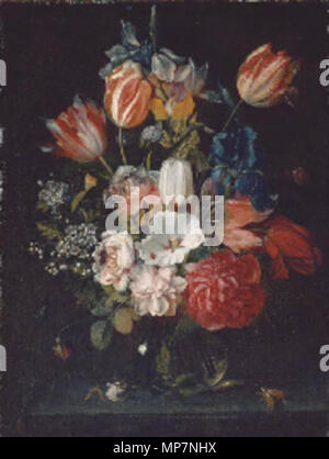 Le rose, i tulipani, iris e altri fiori in un vaso di vetro con una rosa, un caterpillar e due insetti, su una mensola in pietra tra 1648 e 1675. 700 Jan Pauwel Gillemans (MI) - Fiori in un vaso di vetro, un caterpillar e due insetti, su una sporgenza di pietra Foto Stock