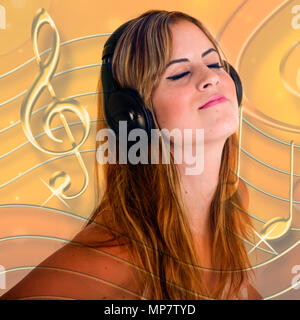 Digitally Enhanced image og un giovane adolescente apprezza la sua musica su cuffie con un miscelato nel motivo di musica di sottofondo Foto Stock