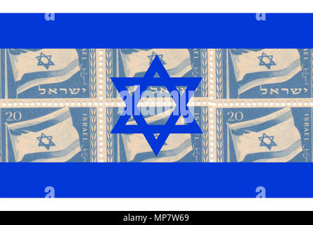 Migliorate digitalmente immagine timbro israeliano della bandiera israeliana dal 1949 sulla bandiera Israeliana sullo sfondo Foto Stock