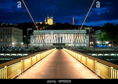 Vista notturna di Lione dal cavalcavia, Francia Foto Stock