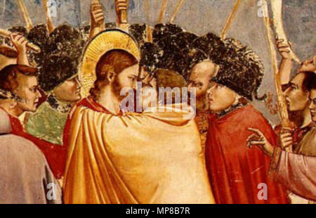Inglese: No. 31 scene della vita di Cristo: 15. L arresto di Cristo (il bacio di Giuda) . Inglese: il discepolo della sinistra che le ferite di un soldato con il suo coltello, è san Pietro. . Tra il 1304 e il 1306. 718 Gesù e Giuda, da Giotto (Cappella degli Scrovegni, Padova) Foto Stock