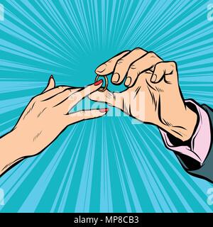 L'impegno, la sposa e lo sposo anello di nozze Illustrazione Vettoriale