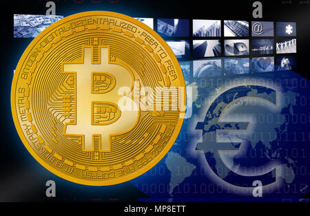 Bitcoin BTC contro il simbolo Euro cryptocurrency sullo sfondo di un mio diritto d'autore Foto Stock