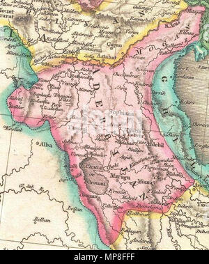 . Inglese: una rara e importante 1818 mappa di Persia da John Pinkerton. Mostra dal Mar Nero verso est per quanto riguarda l'Indus Valle, si estende a nord del Lago d'Aral e a sud verso il Golfo Persico e il Mare Arabico. Include il giorno moderno paesi dell Iran e Afghanistan, come pure le parti adiacenti del Pakistan, Kuwait, l'Iraq, la Turchia e l'Arabia. Note sia politico e geografico fisico elementi, compresi i fiumi, le montagne, sotto i pericoli del mare, varie regioni tribali, città, rovine e canali. In particolare, osserva le rovine di entrambi Babilonia e Persepolis. Disegnata da L. Herbert e inciso da S Foto Stock