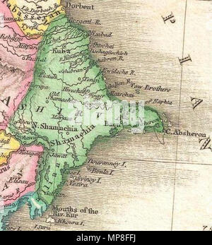 . Inglese: una rara e importante 1818 mappa di Persia da John Pinkerton. Mostra dal Mar Nero verso est per quanto riguarda l'Indus Valle, si estende a nord del Lago d'Aral e a sud verso il Golfo Persico e il Mare Arabico. Include il giorno moderno paesi dell Iran e Afghanistan, come pure le parti adiacenti del Pakistan, Kuwait, l'Iraq, la Turchia e l'Arabia. Note sia politico e geografico fisico elementi, compresi i fiumi, le montagne, sotto i pericoli del mare, varie regioni tribali, città, rovine e canali. In particolare, osserva le rovine di entrambi Babilonia e Persepolis. Disegnata da L. Herbert e inciso da S Foto Stock