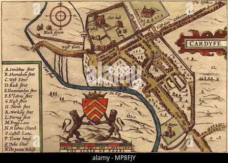 . John velocità Mappa di Cardiff, Galles (1610) . 1610. Velocità di John 735 Giovanni velocità Mappa di Cardiff, Galles (completa) Foto Stock